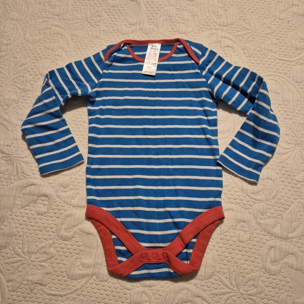 Baby boden boys 18-24 months blue & white stripe bodysuit VGUC